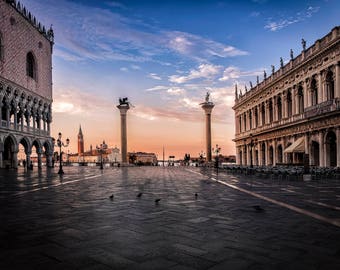 St Marks Venice Italy before sunrise.  This Italy wall art of a Venice print captures  the colorful cityscape of this square