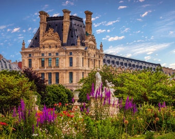 Enchanting Louvre Garden Photo, Serene Parisian Landscape Photo, Paris Louvre Garden Image, Vibrant Floral Parisian Scene