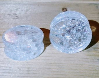 1 x Clear Quartz Stone Shattered Concave Flared Ear Plug Sizes 6G-1/" 4mm-25mm