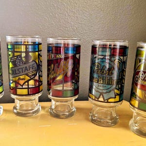 Vintage Stained Pint Beer Glasses PBR, Miller Schlitz- Great Bar Gift, Falstaff beautiful vintage condition