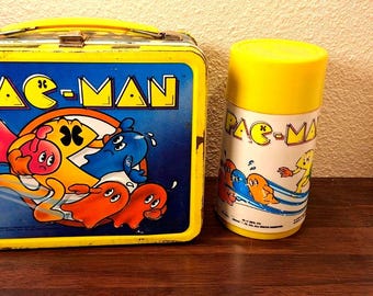 Pac-Man Game Metal Lunch Box w/ Plastic Thermos Complete Aladdin 1980
