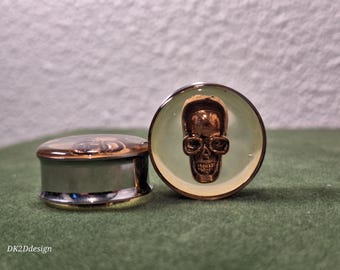 Skull Inlay Resin Surgical Steel Gauges, Tunnels, Earrings- Multiple Sizes
