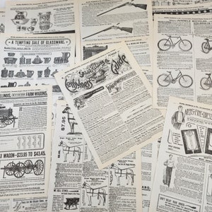 May include: A collection of vintage newspaper cuttings and advertisements. The cuttings feature a variety of products, including farm wagons, glassware, bicycles, and men's clothing. The text on the cuttings includes prices, product descriptions, and company names. The cuttings are in black and white and have a worn, aged appearance.