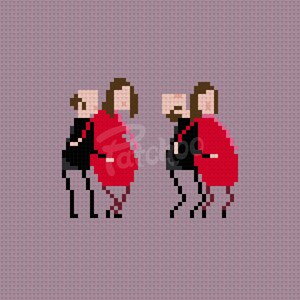 May include: Four pixelated figures, two in red dresses and two in black suits, stand facing each other on a purple background.