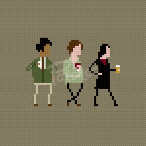 Peut inclure: Trois personnages en pixel art, l'un en veste verte, l'autre en chemise verte et le dernier en robe noire, marchent côte à côte. Le personnage en veste verte tient une tasse de café, celui en chemise verte tient un verre de vin et celui en robe noire tient un verre de bière.