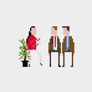 May include: A pixel art illustration of three people, two men and one woman, standing in front of a potted plant. The woman is wearing a red shirt and white trousers. The men are wearing brown suits with red and blue ties.