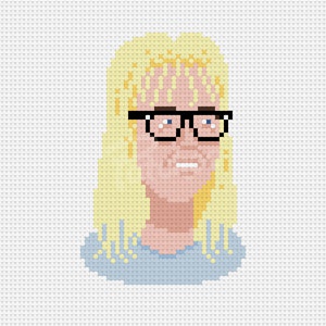 May include: A pixelated illustration of a person with blonde hair, wearing glasses and a light blue shirt.