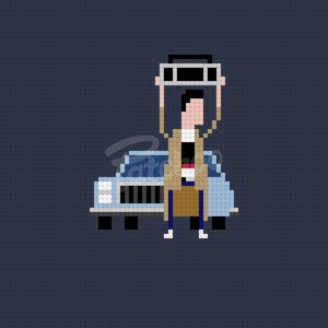 Op de afbeelding: Een gepixelde illustratie van een persoon die een ghettoblaster boven zijn hoofd houdt, naast een blauwe auto. De persoon draagt een bruine jas, een wit shirt en een blauwe spijkerbroek.