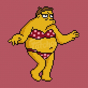 Op de afbeelding: Een geel cartoonfiguur dat een rood-wit geblokte bikini draagt. Het figuur heeft bruin haar en een bril.