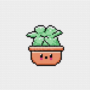 Puede incluir: Una ilustración pixelada de una planta en maceta con una linda cara de dibujos animados. La planta es verde y la maceta es naranja.