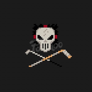 Puede incluir: Una calavera pixelada con un pañuelo rojo y huesos cruzados, que recuerda a una bandera pirata.