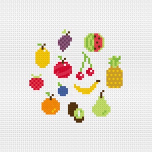 Op de afbeelding: Een kleurrijk kruissteekpatroon met verschillende soorten fruit, waaronder een watermeloen, ananas, peer, appel, sinaasappel, banaan, kersen en pruimen.