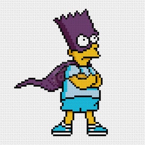 May include: A pixelated illustration of a yellow cartoon character wearing a purple cape and a purple mask. The character is standing with their arms crossed and has a blue shirt and blue shorts.