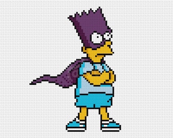 May include: A pixelated illustration of a yellow cartoon character wearing a purple cape and a purple mask. The character is standing with their arms crossed and has a blue shirt and blue shorts.