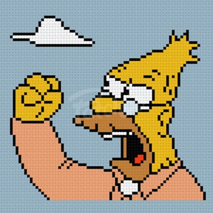 Peut inclure: Un personnage de dessin animé pixelisé avec des cheveux jaunes et une barbe crie en levant le poing en l'air. Le personnage porte une chemise rose et des lunettes. Un nuage blanc est en arrière-plan.