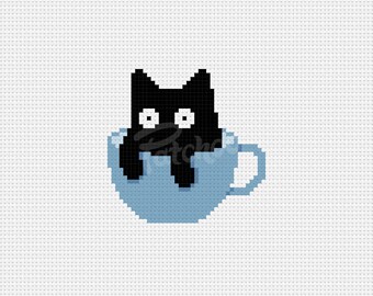 ティーカップ キャット - クロスステッチ パターン (PDF) - 即時ダウンロード
