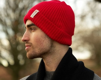 Beanie Lambswool Red Navy Yellow Made in UK Hat Woolly