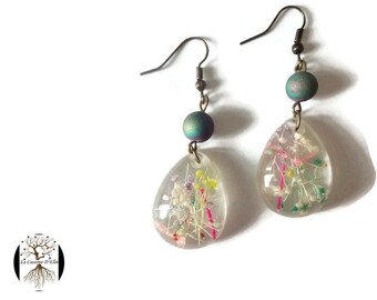 Inclusion fleur et perles quartz druzy, Boucles d'oreilles nature, pierre semi précieuses, Boucles d'oreilles transparente, gouttes d'eau