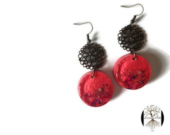 Inclusion paillettes, Boucles d'oreilles girly, boucles d'oreilles a paillettes, Boucles d'oreilles cabochons, boucles en résine, fleurs