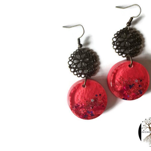 Inclusion paillettes, Boucles d'oreilles girly, boucles d'oreilles a paillettes, Boucles d'oreilles cabochons, boucles en résine, fleurs