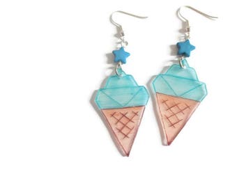 Glace boucles d'oreille, piece unique, la caverne d'elin, boucles en forme de cone bleu, bijoux kawaii, Boucles oreilles Glace Slurp