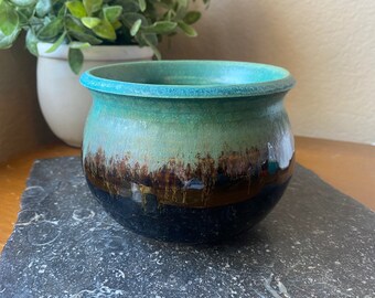 Handmade Ceramic Pottery Bowl Turquoise Matte w/ Black Glossy