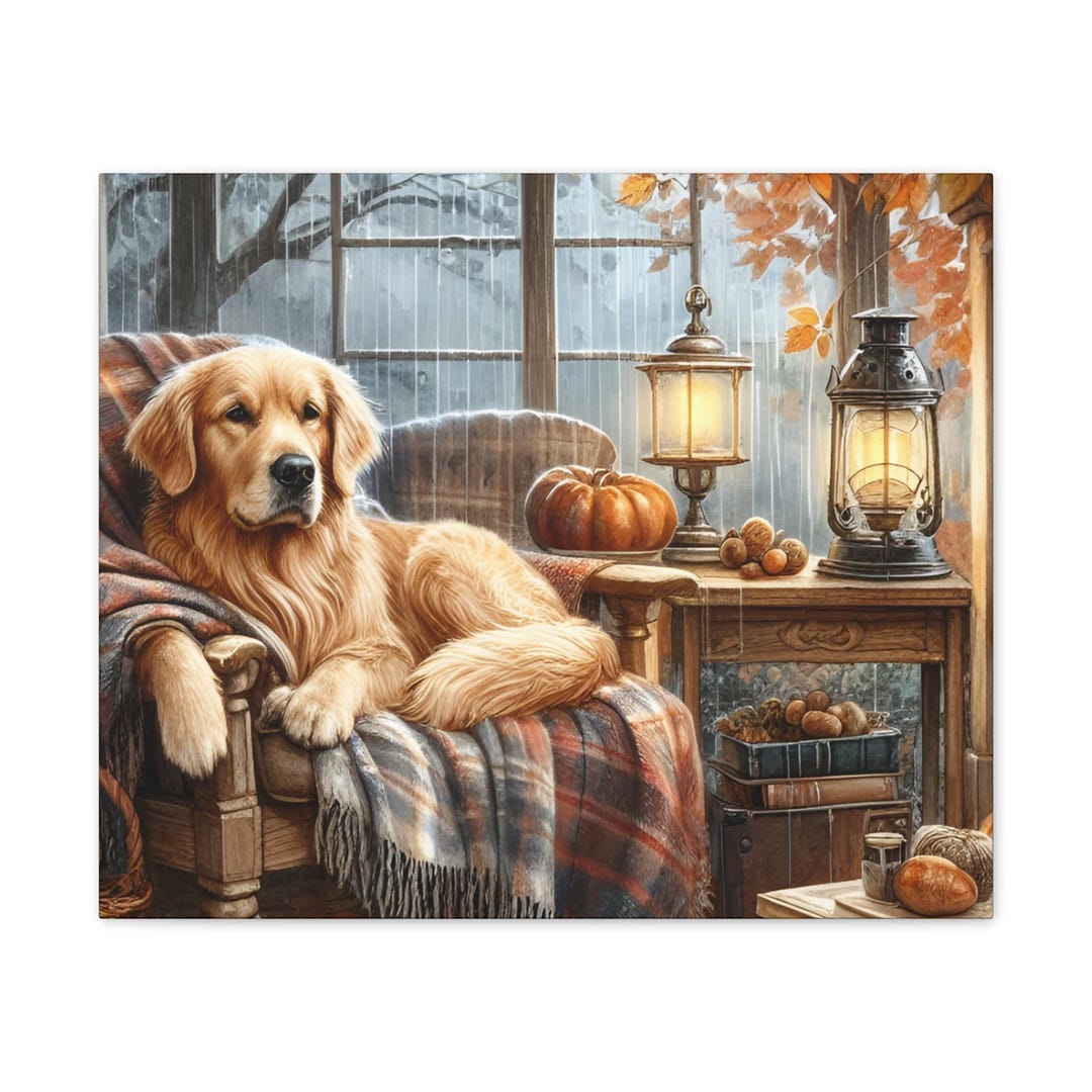 Canvas Stretched, Golden Retriever Autumn Canvas Art, Wall Decor, Dog ...