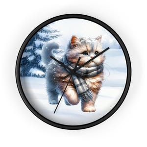 Winter Walk Kitty  Wall Clock, Cat Clock