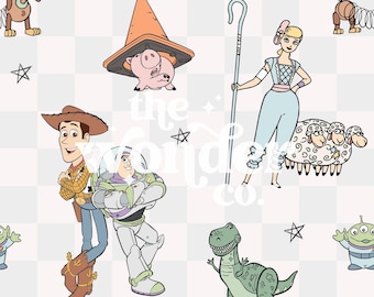 May include: A white background with a repeating pattern of Toy Story characters. The characters include Woody, Buzz Lightyear, Jessie, Rex, Hamm, and Slinky Dog. There are also stars and a checkered pattern.