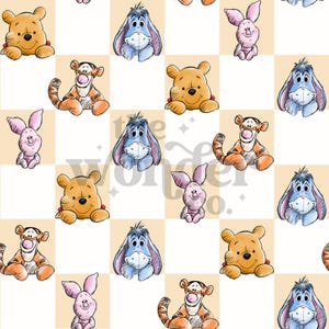 May include: A checkered pattern background with cartoon images of Winnie the Pooh, Tigger, Piglet, and Eeyore. The characters are in various poses and colors, including yellow, orange, pink, and blue.