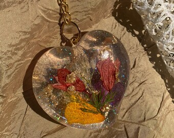 Puffy Heart Natural Pressed Missouri Wildflowers Handmade Keychain or Charm from Lori's Garden in Gold, Purple, Red & Yellow One-of-a-Kind