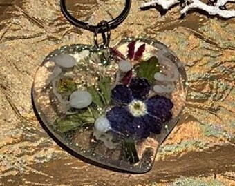 Unique Puffy Heart Natural Verbena, Honeysuckle and Wildflowes Handmade Keychain/Charm from Lori's Garden in Gold, Purple, White & Lilac