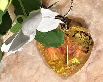 Faceted Heart with Peach Blossom, Alyssum, Silver Lace Handmade Keychain or Charm from Lori's Garden in Purple, Pink & Yellow One-of-a-Kind