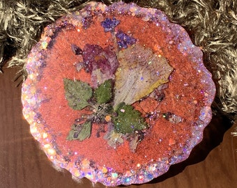 Lori's Garden Handmade Resin Drink Coaster with Natural Snapdragon, Verbena and Missouri Flowers in Pink & Purple One-of-a-Kind