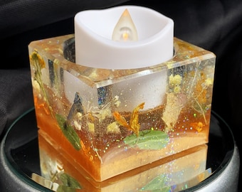 Lori's Garden Handmade Cube Candle Holder with Dried Natural Flowers in Mint, Yellow, Gold, Green & Purple One-of-a-Kind