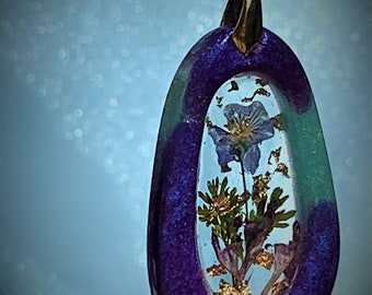 Real Tiny Violet Dried Flower Handmade Pendant or Charm from Lori's Garden in Purple, Green & Gold One-of-a-Kind