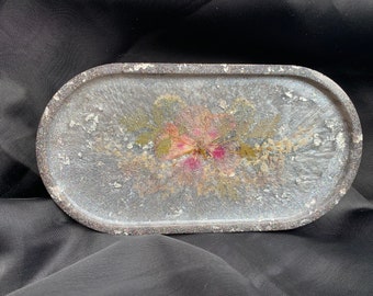 Lori's Garden Oblong Trinket Tray/Soap Dish with Geranium and Silver Lace Vine Flowers One-of-a-Kind