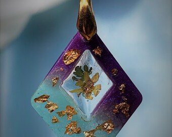 Real Tiny Dried Flower Handmade Pendant or Charm from Lori's Garden in Purple, Green & Gold One-of-a-Kind