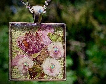 Real Spirea and Peach Blossom Flower Handmade Pendant or Charm Set in Metal Bezel from Lori's Garden in Pink, White and Green One-of-a-Kind