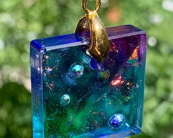 Reversible Color Changing Resin Handmade Pendant or Charm in Transparent Blues, Purples, Greens and Pinks One-of-a-Kind