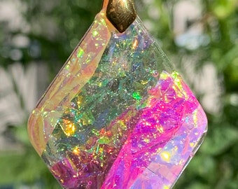 Dichroic Look Iridescent Resin Handmade Pendant or Charm in Lime Green, Pink and Dark Pink One-of-a-Kind