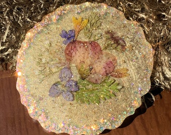 Lori's Garden Handmade Resin Drink Coaster with Natural Viola, Peach Blossom, and Blanket Flowers in Pink, Yellow & Purple One-of-a-Kind