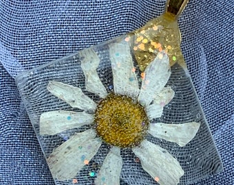 Real Tiny Daisy Flower Handmade Pendant or Charm from Lori's Garden in White and Yellow One-of-a-Kind