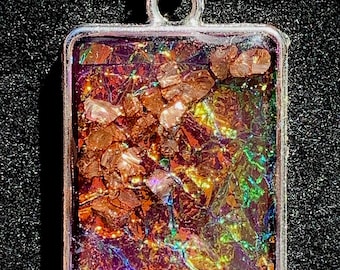 Dichroic Look Iridescent Resin Handmade Pendant or Charm with Metal Bezel in Purple, Copper and Golds One-of-a-Kind