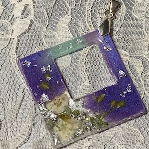Tiny Spirea Flower Pendant or Charm Handmade from Lori&#39;s Garden in Iridescent Purples, White, Silver and Green One-of-a-Kind