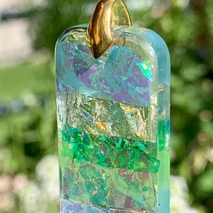 Dichroic Look Iridescent Resin Handmade Pendant or Charm in Aqua, Greens and Golds One-of-a-Kind