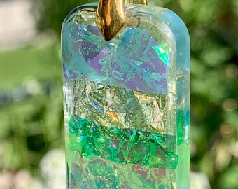 Dichroic Look Iridescent Resin Handmade Pendant or Charm in Aqua, Greens and Golds One-of-a-Kind