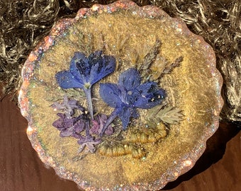 Lori's Garden Handmade Resin Drink Coaster with Larkspur, Lilac and Missouri Flowers and Grasses in Golds, Yellow & Purple One-of-a-Kind