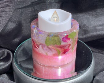 Lori's Garden Handmade Cylinder Candle Holder with Dried Natural Flowers in Pink, Yellow, Turquoise, Green & Purple One-of-a-Kind