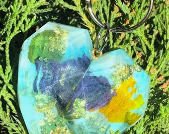 Faceted Heart with Larkspur, Forsythia, Silver Lace Handmade Keychain or Charm from Lori's Garden in Purple, Blue & Yellow One-of-a-Kind